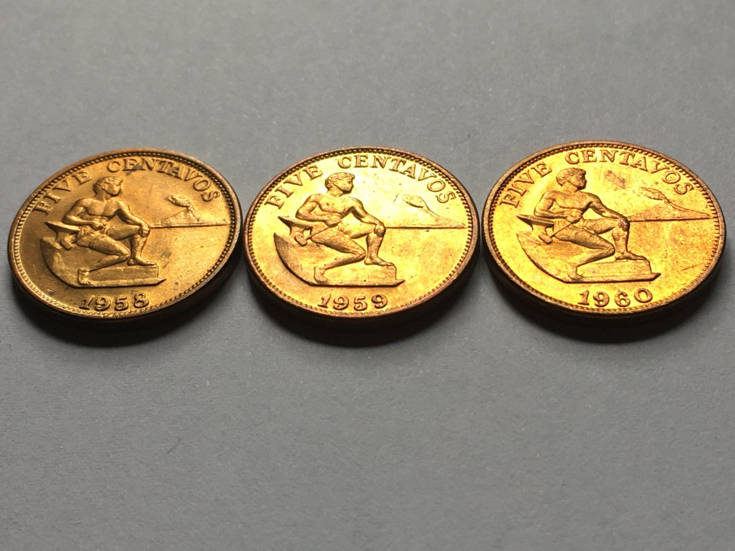 PHILLIPPINES 1958 59 60 5 Five Centavos Coins Brass KM187 1st Year Issued AU/UNC