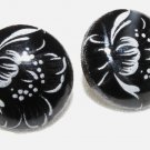 Black Button Earrings White Painted Floral Clip Vintage