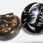 Black Button Earrings White Painted Floral Clip Vintage