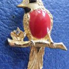 Bird Pin Gold Tone Enamel Rhinestone Red Black Cream