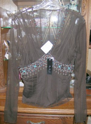 NWT ECI Brown Top With Cami-Beading