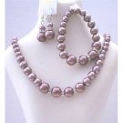 Bridal Bridemaides Simulated Burgundy Pearls Necklace Set w/ Stretchable Bracelet Silver Earring