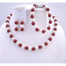 Coral Round Beads w/ Simulated White Pearls Necklace Set & Stretchable Bracelet