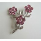 B030  Silver Tone Pink Crystals Fashion Flower Brooch w/ Silver plated Stem & Leaf Pin Brooch