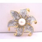 B055  Gold Plated Sunflower Cubic Zircon w/ Pearls Center