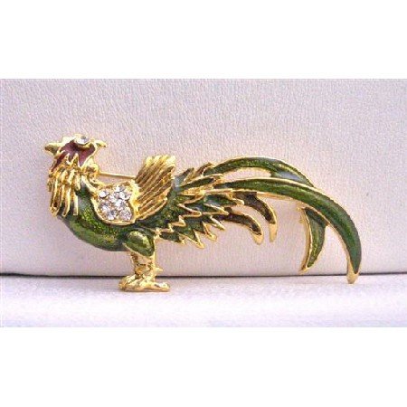 B244 Animal Rooster Brooch Gold Plated Olivine Green w/ Cubic Zircon Brooch