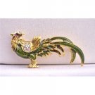 B244  Animal Rooster Brooch Gold Plated Olivine Green w/ Cubic Zircon Brooch