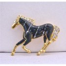 B227  Gold Tone Studded Horse Brooch w/ Black Painted & Silver Stripes Brooch