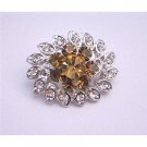 B058  Smoked Topaz Crystals Flower Brooch w/ Cubic Zircon Leaves Surrounded Beautiful Pin Brooch