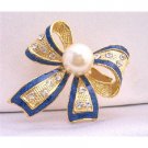 B191  Blue OUtline Bow Cubic Zircon Brooch w/ White Cultured Pearls Pin Brooch