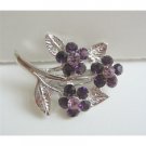 B094  Amethyst Crtstal Flower Silver Tone Fashion Flower Brooch w/ Silver plated Stem & Leaf