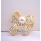 B044  Bow Cubic Zircon Leaf Brooch w/ White Cultured Pearls Pin Brooch