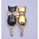 B235  Lover Brooch Twin Cat Black & Gold w/ Cubic Tail Dangling