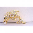 B196  Dolphin Gold Brooch Artistically Decorated w/ Cubic Zircon