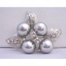 B190  Grey Flower Pearls Brooch w/ Silver Casting Leaves Decoraed Cubic Zircon Gorgeous Brooch