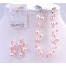 TB695  Swarovski Rose Pearls Pale Pink Crystals 3 Stranded Bracelet w/ Dangling Earrings