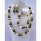 BRD380  Green Pearls Jewelry Handcrafted Genuine Light & Green Pearls w/ Gold Rondells