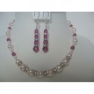 NSC267  Beautiful Necklace Set Genuine Swarovski Rosaline Pearls & Fuschia Crystals w/ Silver