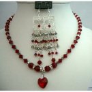 NSC252  Chandelier Earrings & Genuine Siam Red Crystals Necklace Heart Pendant