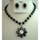 NSC251  Genuine Mystic Handcrafted Jewelry Swarovski Black Pearls Necklace Set w/ Flower Pendant