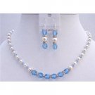 BRD742  Blue Jay Bridal Jewelry Set AB Aquamarine Crystals w/ White Pearls And Silver Rondells