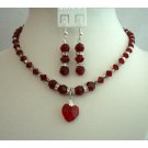 BRD254  Bridal & Bridesmaid Jewelry Red Crystals Heart Pendant Necklace Set