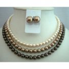 BRD333  Handcrafted Custom Wedding THREE STRANDS NECKLACE SET Genuine Swavorski Pearls