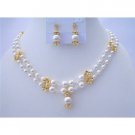 BRD394  Bridal Jewelry Double Stranded Genuine Swarovski White Pearls & Swarovski Crystals Necklace