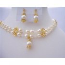 BRD395  Bridal Dream Jewelry Double Stranded Genuine Swarovski Pearls & Swarovski Crystals