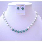 BRD502  Erinite Green Swarovski Crystals & White Pearls w/ Crystals Stud Earrings w/ Rondells