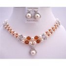 BRD732  Wedding Jewelry Bridal Cream Pearls SWarovski Burnt Orange Crystals Necklace