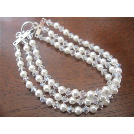TB371 Three Stranded White Pearls & Genuine Swarovski Moonlite Crystals Bracelet