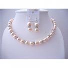 BRD475  Silver Rondells Peach Swarovski Pearls 10mm Necklace Set w/ Sparkling Simulate Diamond