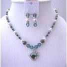 BRD503  Erinite Crystals Heart Pendant Jewelry Set Swarovski White Dark Green Pearls