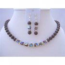 BRD423  Meroon Pearls Jewelry Set w/ Genuine Swarovski Smoked Topaz 2X Crystals Necklace