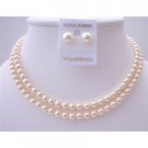 BRD452  Bridal Jewelry Ivory Pearls Double Stranded Necklace Set w/ Stud Pearls 6mm
