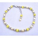 TB633  Yellow Cat Eye Beads Bali Silver Freshwater Pearls Bracelet