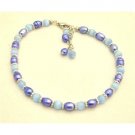 TB643  Tanzanite Dyed Rice Pearls Bracelet w/ Lavender Faceted Cat Eye & Bali Silver Bracelet