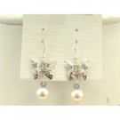 ERC435  Silver Butterfly Earrings w/ White Swarovski Pearls Black Diamond Crystals Earrings