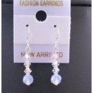 ERC416  White Opal Round Crystals w/ Ab Swarovski Crystals Sterling Silver Hook Earrings