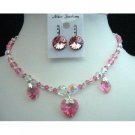 NSC221  Handcrafted AB Crystals & Rose AB Genuine Swarovski Crystals Heart Pendant Necklace Set
