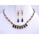 NSC599  Copper And Jet Black Swarovski Crystals 5mm Jewelry Set w/ Bali Silver Spacer