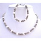 BRD686  White Pearls Bridal Necklace & Bracelet w/ Bali Silver Accented In Necklace & Bracelet