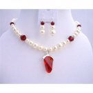BRD669 Cream Pearls Siam Red Crystals w/ Siam Red Crystals Pendant Wedding Bridal Jewelry Se