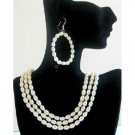 BRD584  Rice Freshwater Pearls 3 Stranded Necklace Set Bridal Bridemaids Wedding Jewelry Set