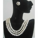 BRD585  Potato Shaped Freswater Pearls 3 Stranded Necklace Set Bridal Wedding Jewelry Set