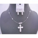 NSC579  Clear Crystals Cross Pendant Necklace Set w/ Cross Earrings Sterling Silver Wire Jewelry Set