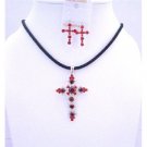 NSC577  Siam Red Light & Dark Cross Cross Pendant Earrings Jewelry Set