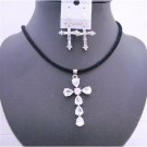 NSC573  Clear Crystals Cross Pendant In Black Chord w/ Cross Earrings Jewelry Set
