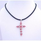 NSC576  Pink Crystals Cross Pendant Necklace Velvet Black Chord Necklace